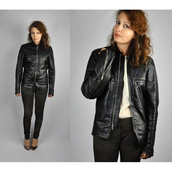 Black Leather Jacket by BROOKS Sportswear Unisex RARE Moto Biker XXs Xs S 36